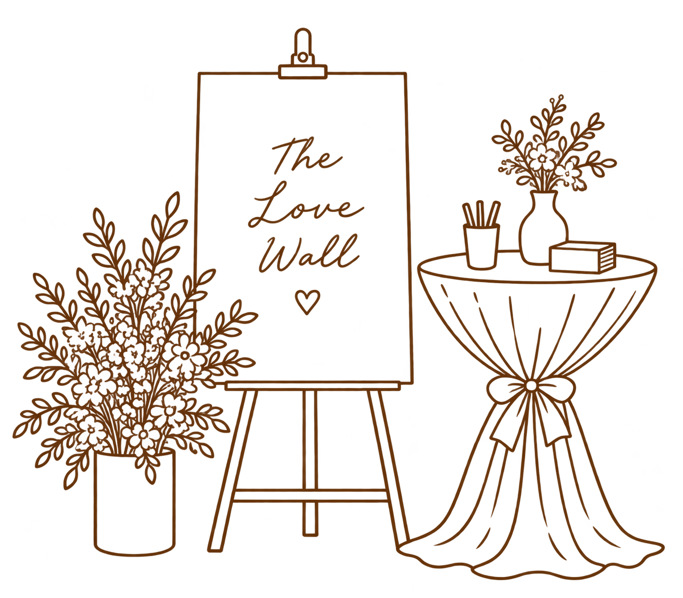 A Love Wall easel surrounded by flowers beside a table with pens for guests’ notes